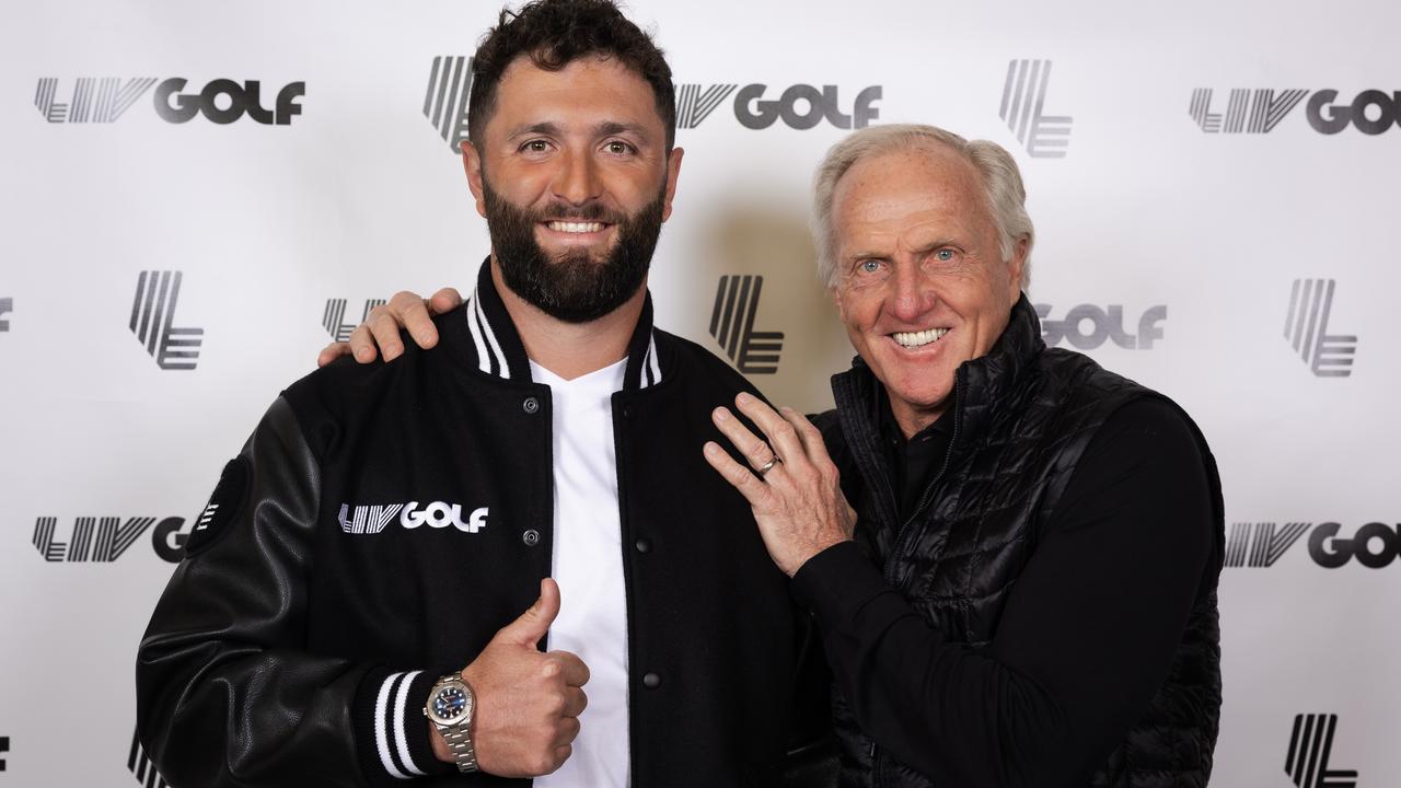 Two-time major winner and the reigning Masters champion, Jon Rahm and LIV Golf Commissioner and CEO Greg Norman. (Photo by Scott Taetsch/LIV Golf)