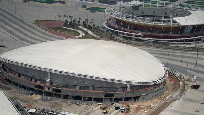 The velodrome, under construction, at the Olympic Village in Rio de Janeiro, Brazil.