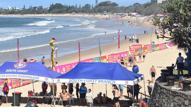 Crowds, tents and cabanas lined Mooloolaba beach on Saturday as day two of the Senior and Masters division of the 2023 Queensland Surf Life Saving Championships began. Photo: Elizabeth Neil