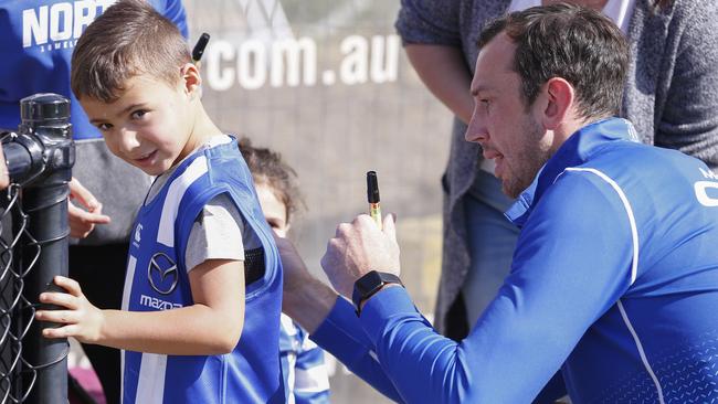 Todd Goldstein is hopeful of signing a new deal at North Melbourne, as well as the shirts of Roos supporters. Picture: AAP Image/Daniel Pockett.