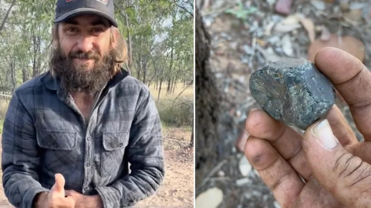 Matt Betteridge lives on fossicking land near Rubyvale in Queensland's Sapphire Gemfields. According to the Queensland government, the area includes patches of ground suitable for shallow hand excavation. Picture: TikTok