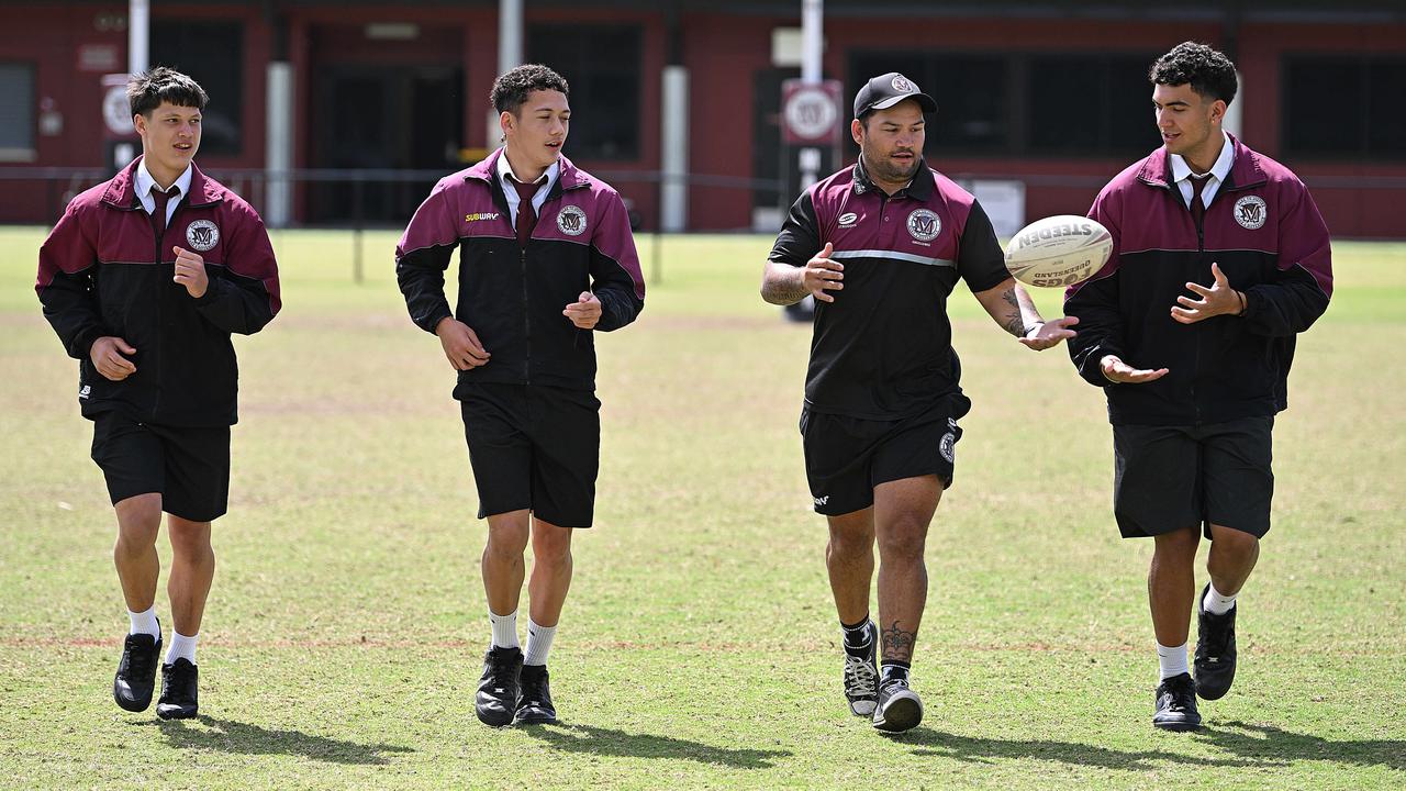 Hayden Watson, far left, with former NRL champion Isaac Luke who is not the Marsden SHS Langer coach, Also in the image were Adaquix Luke and Javon Andrews, far right: Lyndon Mechielsen/Courier Mail