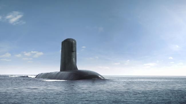 An artist’s impression of the of the Royal Australian Navy’s Future submarine, the Attack class. This $50 billion project will see 12 future submarines built in Australia.