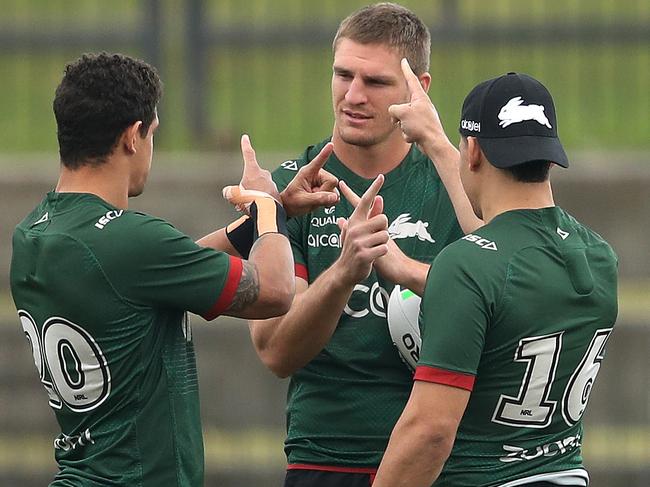 Dane Gagai, Jed Cartwright and Cody Walker during South Sydney training ahead of their final against the Knights. Picture. Phil Hillyard