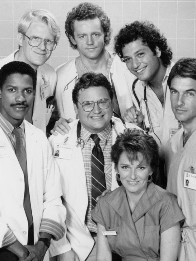 Washington sporting a decidedly dodgy mo’ with castmates from his breakthrough 1980s TV series, ‘St Elsewhere’.