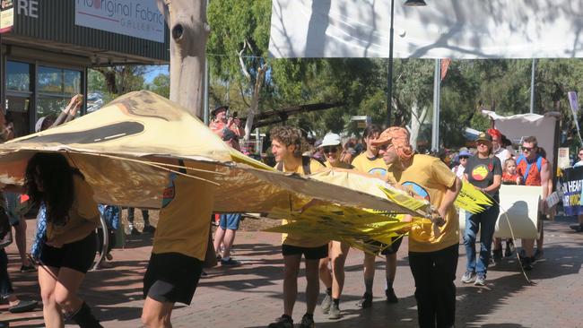 The Central Australian Frack Free Alliance made a statement with their "boat" at the Henley on Todd regatta. Picture: Laura Hooper.