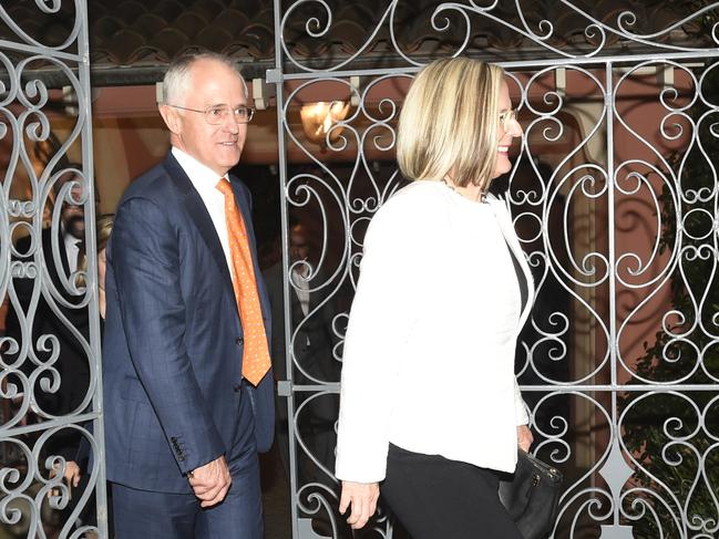 Malcolm Turnbull on the night of the 2016 election with wife Lucy. Turnbull was on his way to give a speech – but he was unable to claim until a week later. Picture: Gordon McComiskie