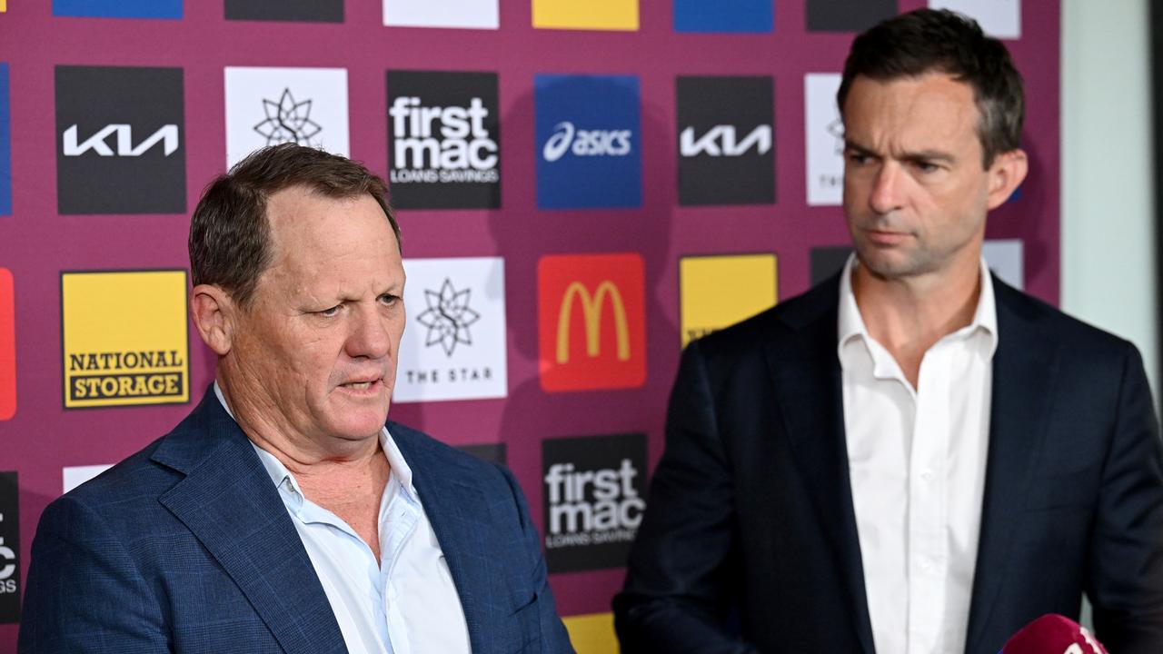 Walters and Broncos chief executive Dave Donaghy front the media. Picture: Bradley Kanaris/Getty Images