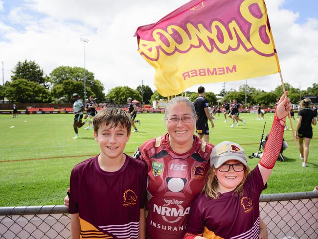 Watching the players are (from left) Xavier, Kylie and Monique Carson at the Brisbane Broncos Captain's Run and Toowoomba Fan Day at Toowoomba Sports Ground, Saturday, February 15, 2025. Picture: Kevin Farmer