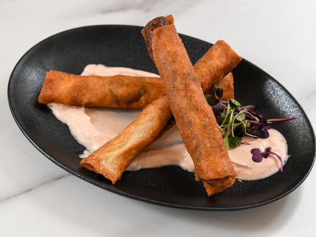 Leek and fetta cigars on smoked yoghurt. Picture: Penny Stephens.