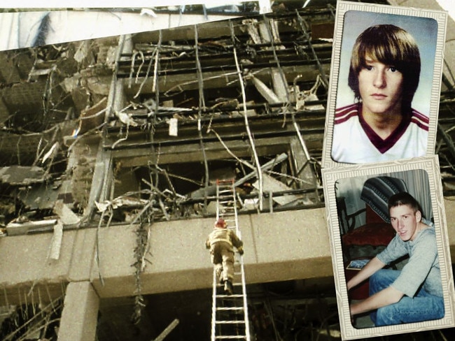 Timothy McVeigh, inset images, and the Oklahoma City bombing.