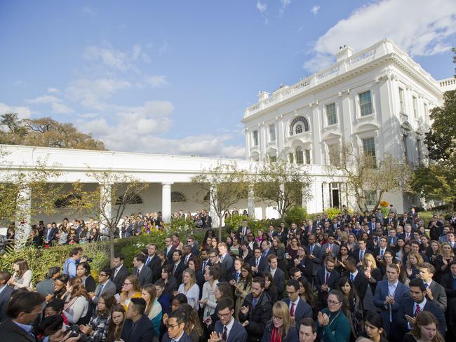 White House staff members listen to Barack Obama’s talk on the shock election result. Picture: AP, Pablo Martinez Monsivais.