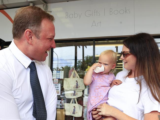 Premier Steven Miles and Member for Bulimba Di Farmer visit some businesses on Oxford Street, Bulimba where they met Lotte Pickett (cranky baby) and Madeline Burwin.  Pics Adam Head