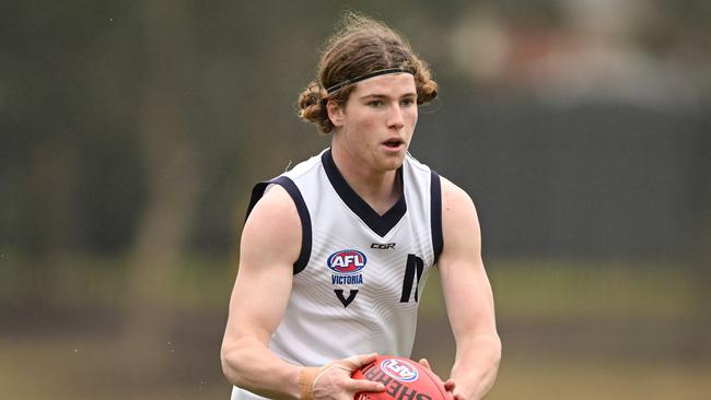 Patrick Hughes in action in a Vic Country trial game earlier this year. He dominated in the clinches for the Falcons on Sunday. Picture: Morgan Hancock/AFL Photos/via Getty Images