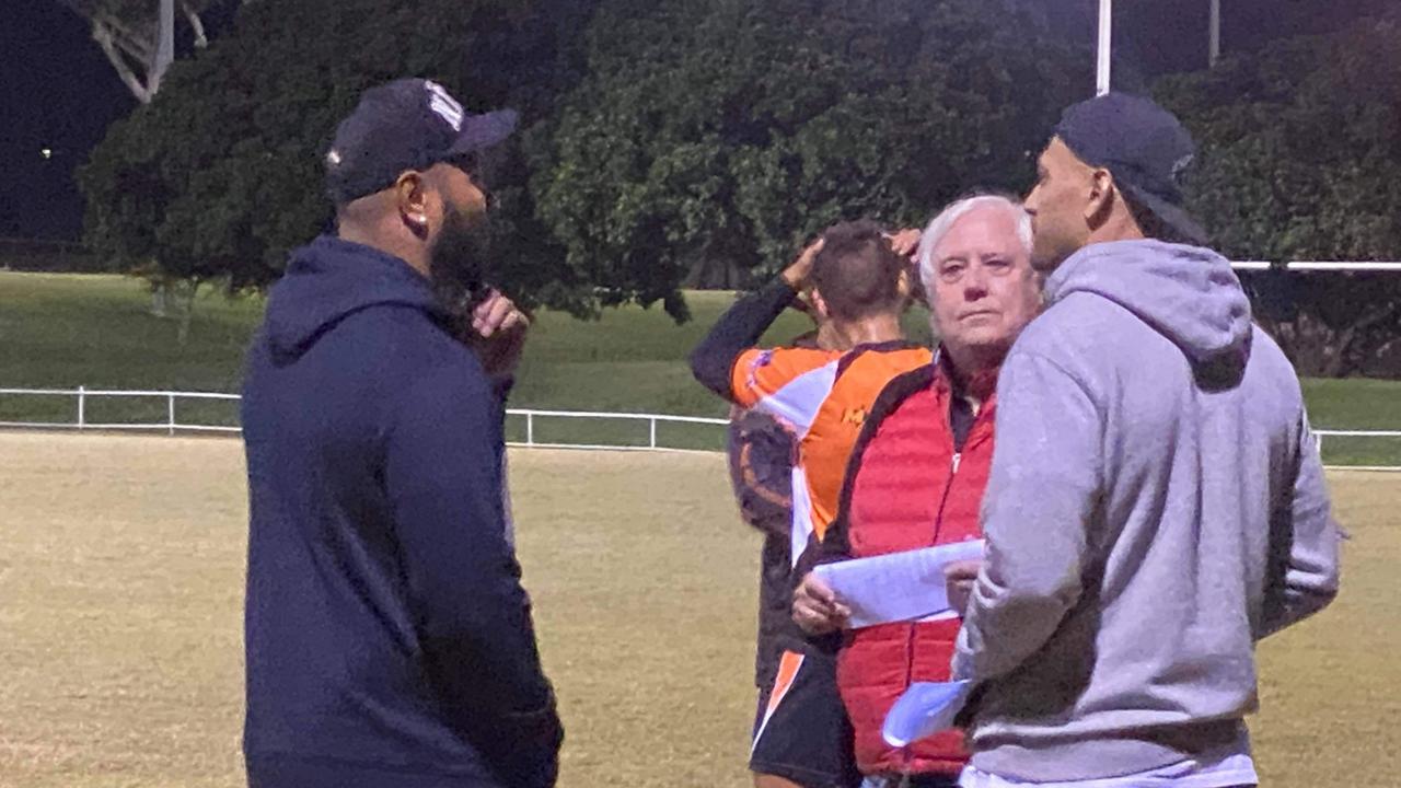 Israel Folau and Clive Palmer at Southport Tigers training. Picture: Nic Darvenzia.