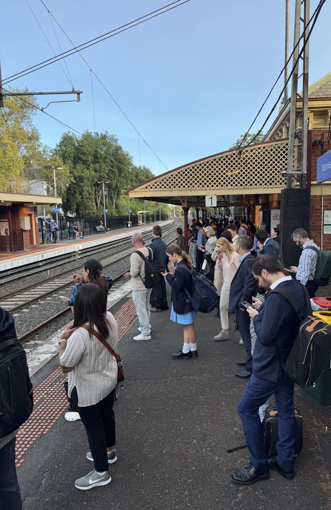 Commuters at Moonee Ponds station were unable to board already-full trains on Monday morning. Picture: Supplied.