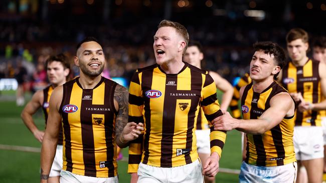 James Sicily of the Hawks reacts to Ken Hinkley. Picture: Michael Willson/AFL Photos via Getty Images