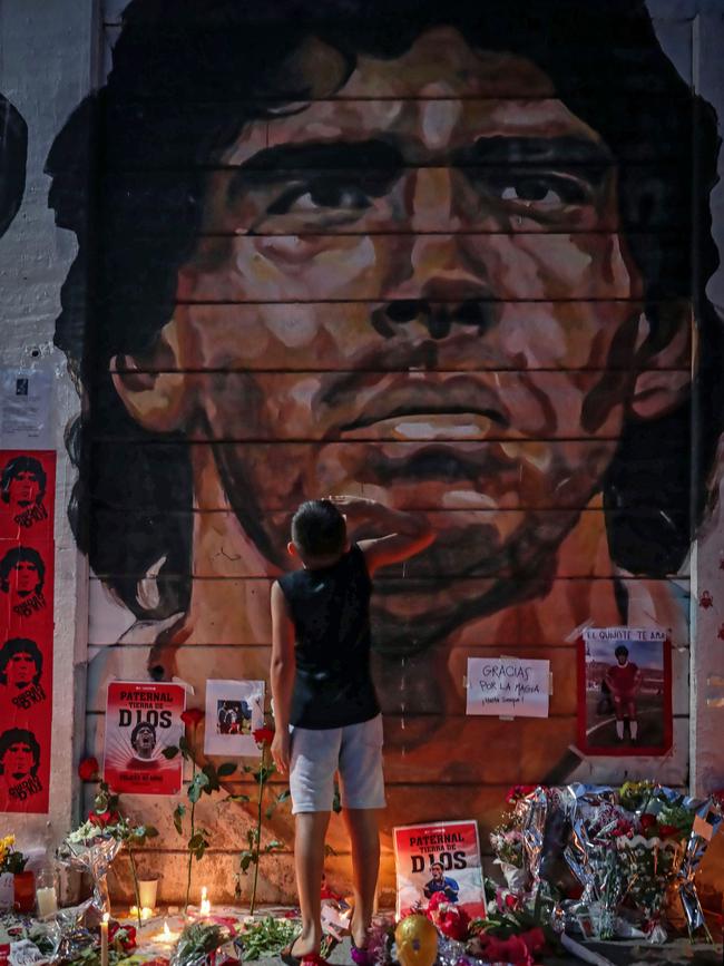 View of an improvised altar set up by Fans of Argentinos Juniors' football team, where Argentinian football legend Diego Maradona used to play, outside Argentinos Juniors' Diego Armando Maradona Stadium. Picture: AFP
