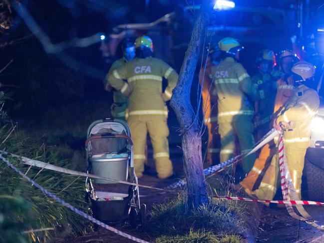 A pram at the scene where Lily and Melissa Arbuckle were struck near Upwey. Picture: Tony Gough