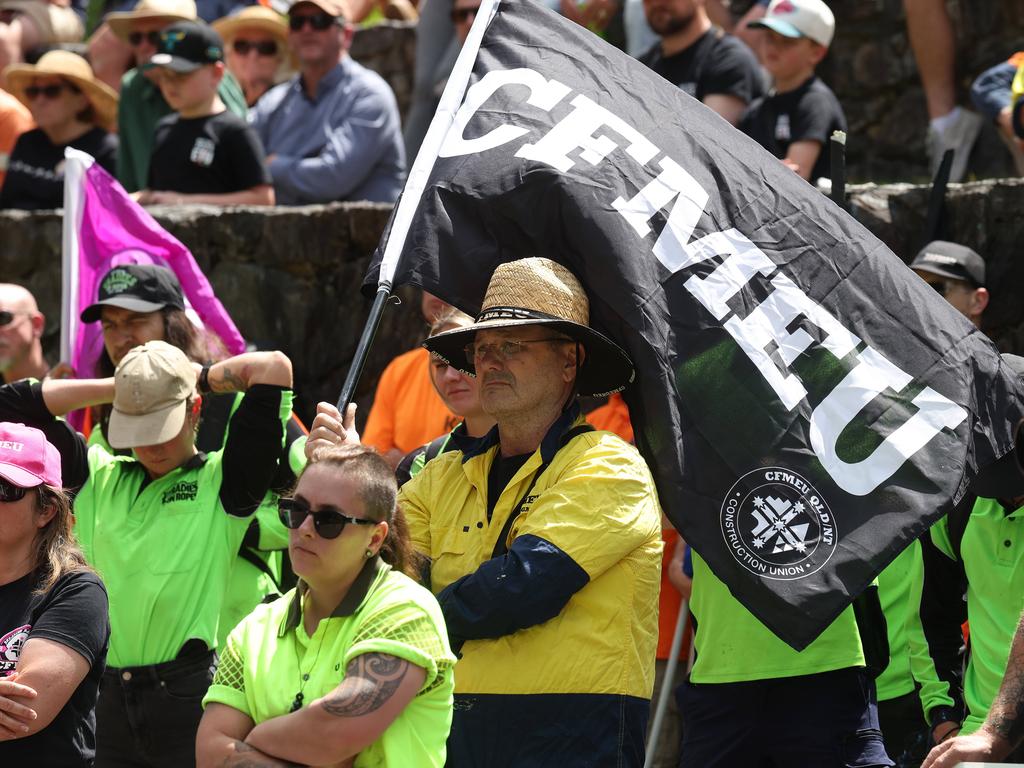 The protest at Emma Miller Place, Brisbane. Picture: Liam Kidston