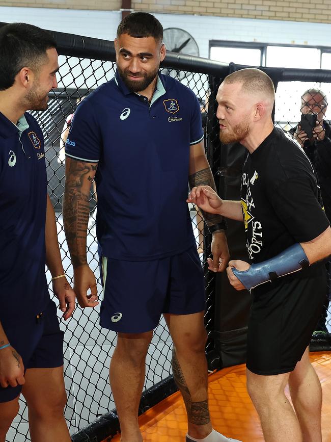 “Could be good in a maul”: UFC welterweight Jack della Maddalena demonstrates how to throw a hook to the body. Picture: Paul Kane/Getty Images