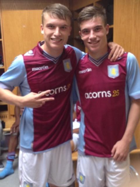 Brothers Tom and Ryan Strain celebrate a victory for Aston Villa’s youth team over Manchester United in 2013. Picture: Supplied