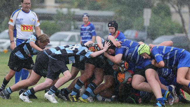 Day 1 of the King of the Country junior rugby union tournament at the Gold Coast Eagles Rugby Union Club.Maroochydore Swans (BLUE AND BLACK) vs USQ Saints (Blue ) Maroochydore Player No USQ Player No Pic Mike Batterham