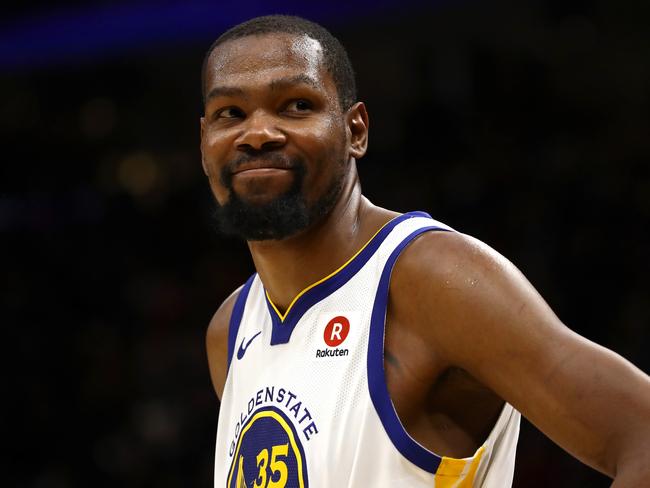 CLEVELAND, OH - JUNE 06:  Kevin Durant #35 of the Golden State Warriors reacts against the Cleveland Cavaliers in the second half during Game Three of the 2018 NBA Finals at Quicken Loans Arena on June 6, 2018 in Cleveland, Ohio. NOTE TO USER: User expressly acknowledges and agrees that, by downloading and or using this photograph, User is consenting to the terms and conditions of the Getty Images License Agreement.  (Photo by Gregory Shamus/Getty Images)