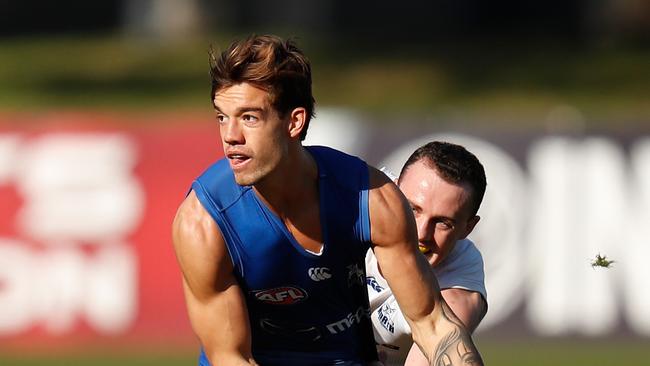 MELBOURNE, AUSTRALIA – JUNE 05: Jy Simpkin of the Kangaroos in action during the North Melbourne Kangaroos AFL training session at Arden Street on June 05, 2020 in Melbourne, Australia. (Photo by Michael Willson/AFL Photos via Getty Images)