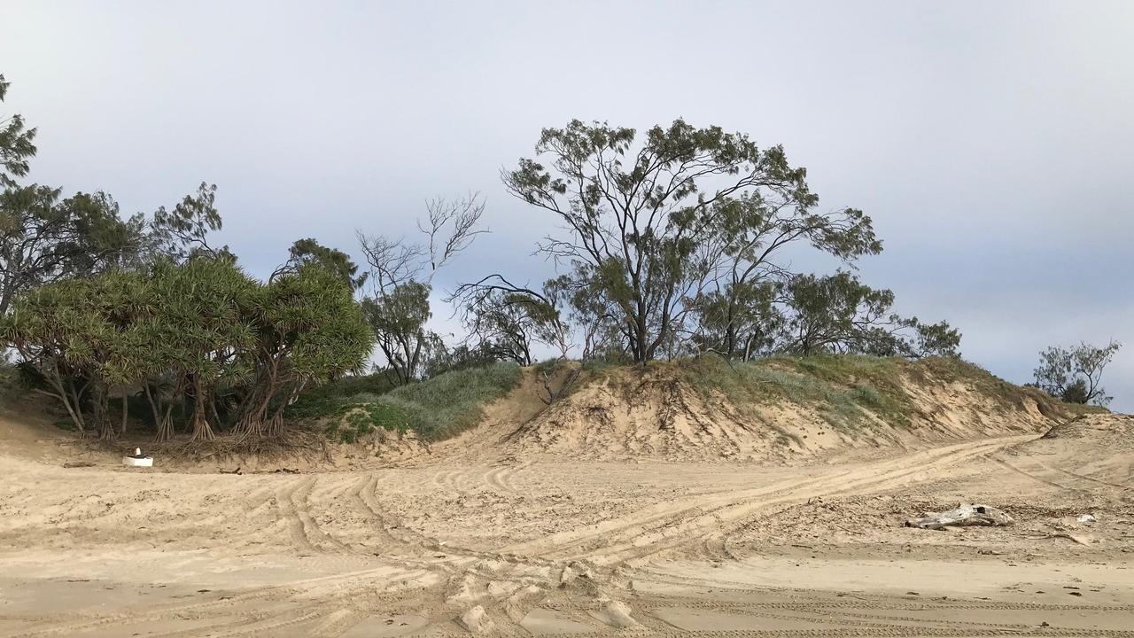 One of 26 sites where four-wheel-driving has damaged dunes and vegetation on the Farnborough Beach stretch. Photo: Livingstone Shire Council.