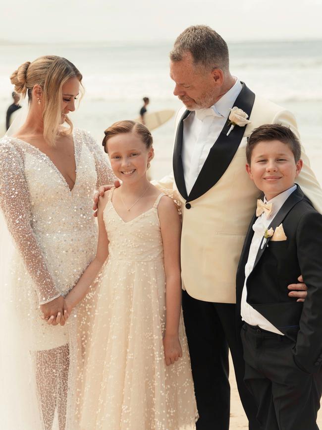 Alex Hyndman Hill with her children and groom Warren Jiear. Picture: Grace Elizabeth