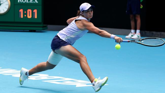 Ash Barty hits a backhand return against Daria Gavrilova on Thursday