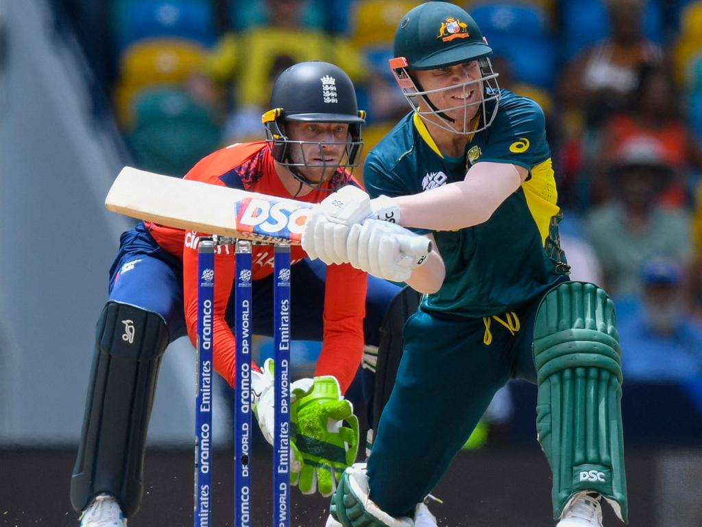 David Warner belted 39 off 16. Picture: Randy Brooks/AFP