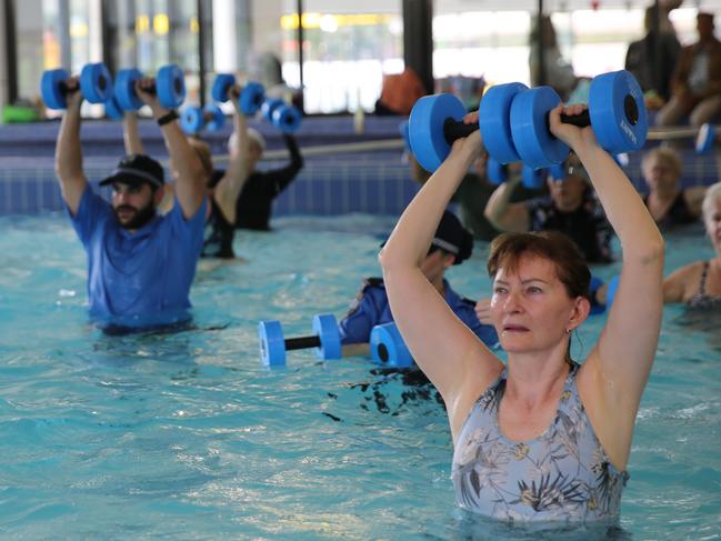 Officers from the Hills Local Area Command joined local seniors in their morning aqua aerobics for Seniors Week. Picture: Hills Shire Council