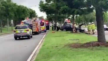 The scene of a crash at Pacific Pines that left one dead and two hospitalised on February 14, 2021. Picture: 9News