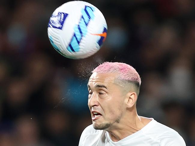 SYDNEY, AUSTRALIA - MAY 25: Jason Davidson of the All Stars heads the ball during the match between FC Barcelona and the A-League All Stars at Accor Stadium on May 25, 2022 in Sydney, Australia. (Photo by Mark Metcalfe/Getty Images)