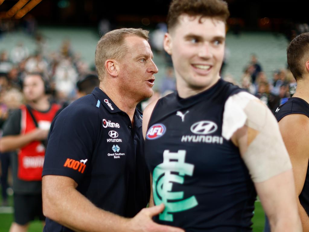 Michael Voss and Blake Acres after the round 1 win over Richmond. Picture: Michael Willson/AFL Photos