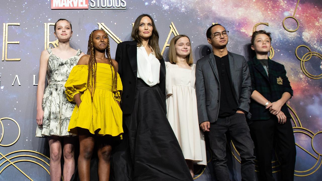 They made a rare red carpet appearance with their famous mum at <i>The Eternals</i>’ UK premiere in 2021. Picture: Jeff Spicer/Getty Images