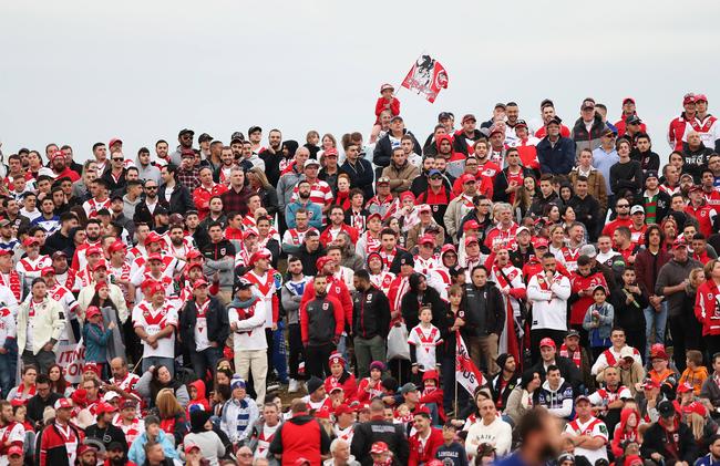 Dragons fans during the St George Dragons versus Bulldogs NRL match at Jubilee Oval, Kogarah. Picture: Brett Costello