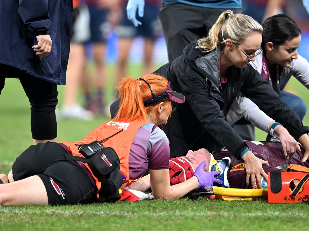 Harry Wilson receives attention after suffering a head knock earlier this month. Picture: Bradley Kanaris/Getty Images