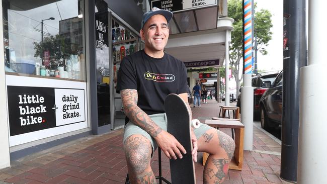 Pete Abordi from Little Black Bike – Daily Grind Skate at the Jetty Road shop. Picture: Tait Schmaal.