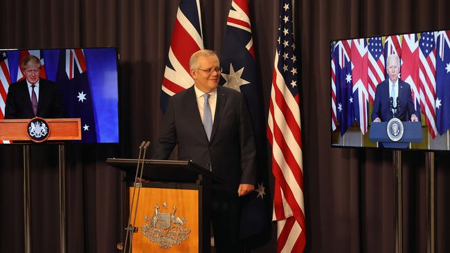 Scott Morrison spoke with US President Joe Biden and United Kingdom PM Boris Johnson when they announced their security partnership. Picture: NewsWire/Gary Ramage