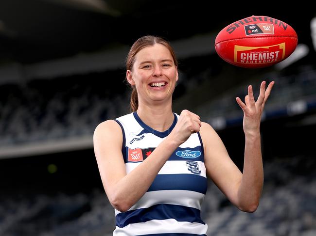 GEELONG, AUSTRALIA - APRIL 05: Erin Hoare of Geelong poses for a portrait during a Geelong AFLW Draft Media Opportunity at GMHBA Stadium on April 05, 2023 in Geelong, Australia. (Photo by Kelly Defina/AFL Photos/via Getty Images)