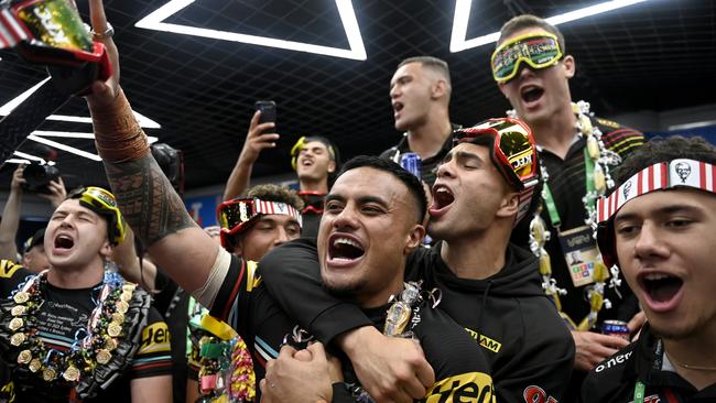 The Panthers celebrate grand final victory with goggles provided by former Penrith player Luke Lewis. Picture: NRL Photos/Gregg Porteous