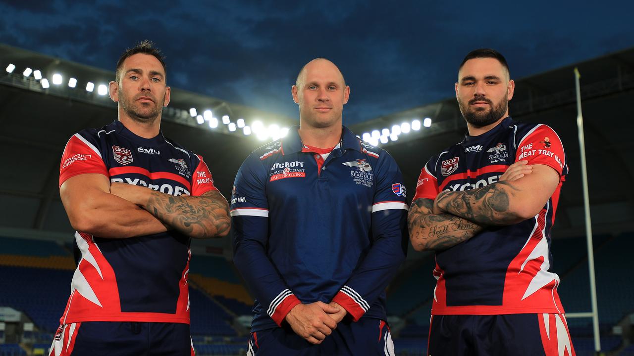 Runaway Bay Coach Nick Gleeson with 2020 Co Captains Jimmy Poland and Darcy Simsl. Photo: Scott Powick News Corp