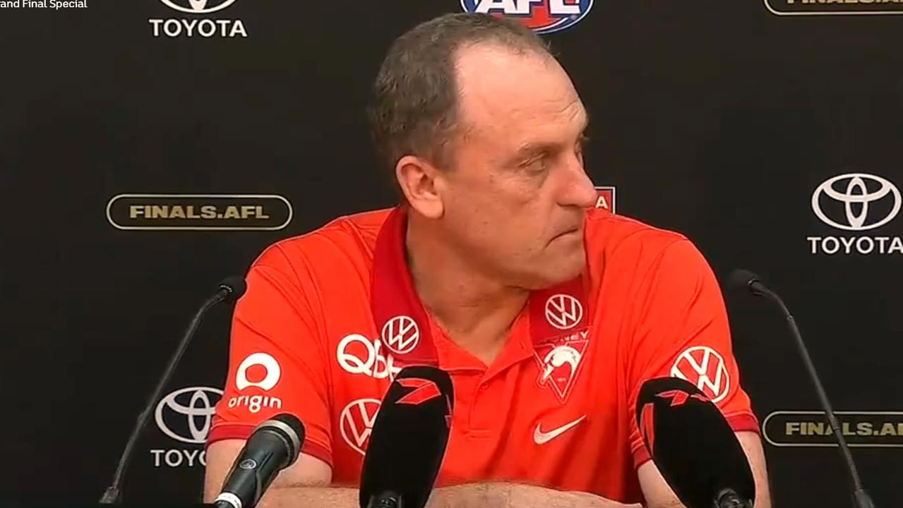 John Longmire's nightmare kept going well after the final siren. Photo: Fox Footy.