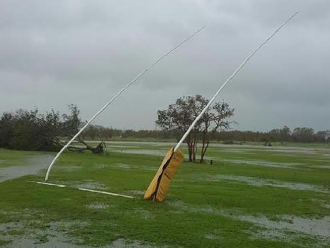 The goalposts at Bowen Rugby Club bent bizarrely by Cyclone Debbie