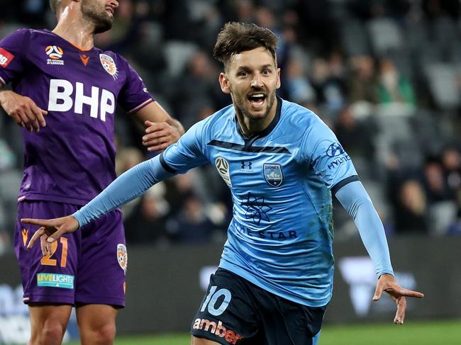 Milos Ninkovic of Sydney FC celebrates a goal during the A-League Semi Final match between Sydney FC and Perth Glory at Bankwest Stadium. Picture. Phil Hillyard