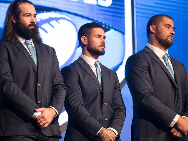 Aaron Woods, Nathan Peats and Andrew Fifita at the NSW Origin team announcement.