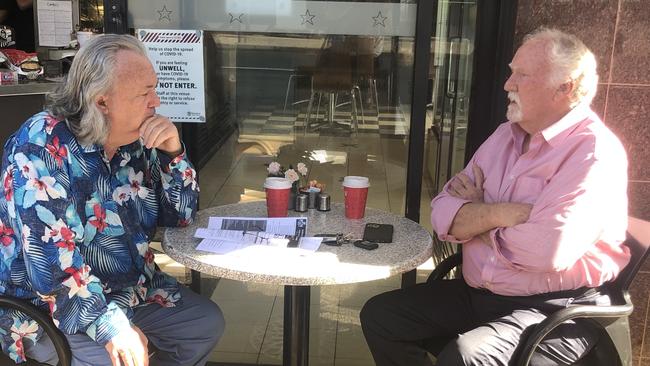 Peter Foster and his defence lawyer Chris Hannay at a Mount Tamborine cafe on Monday morning. Picture: Jeremy Pierce